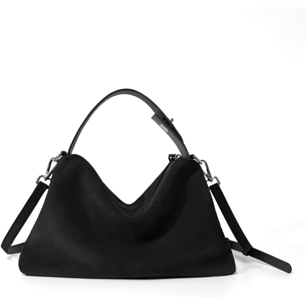 Black Suede Crossbody Tote Bag For Women With Zipper Closure And Adjustable Stra